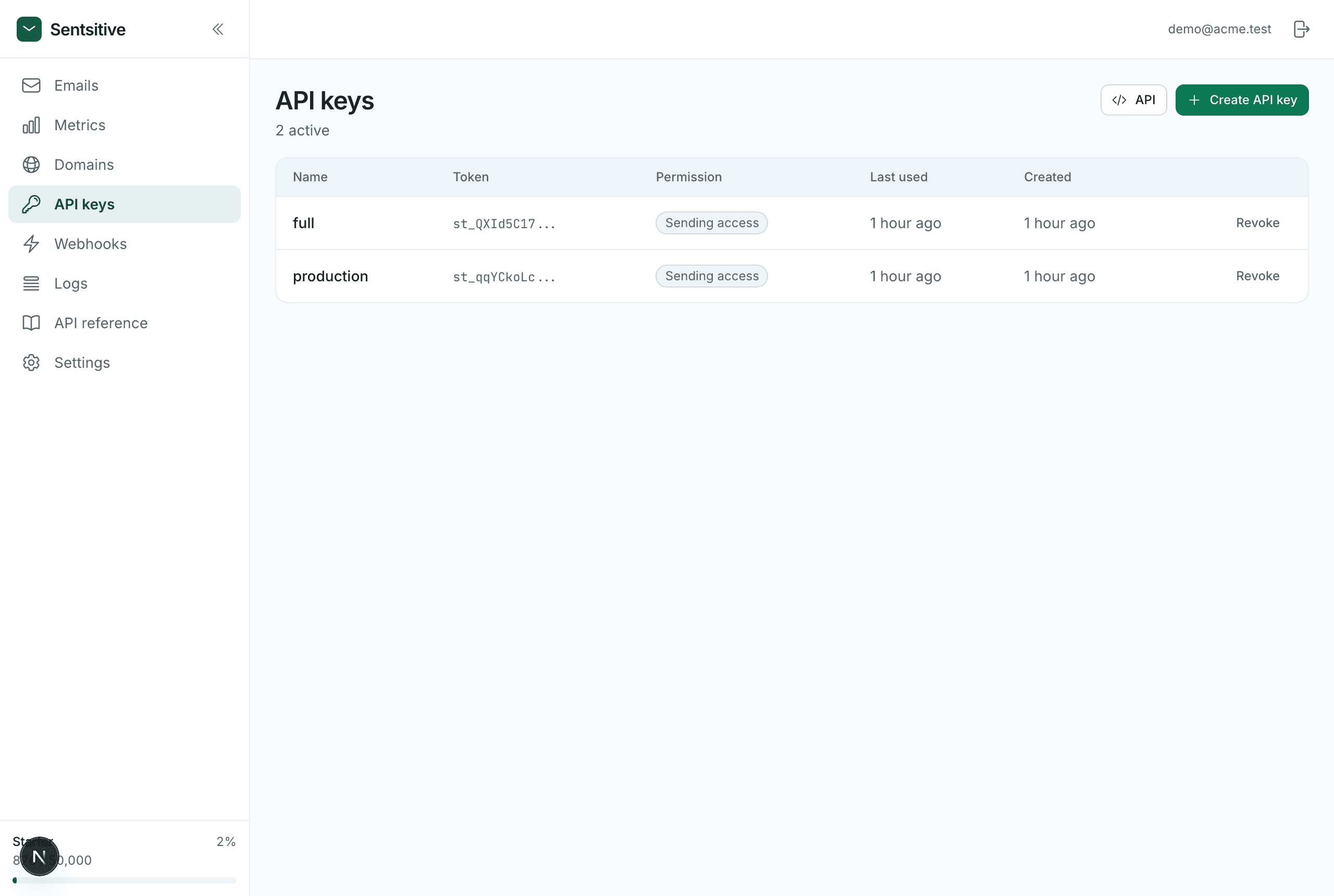 The API keys page