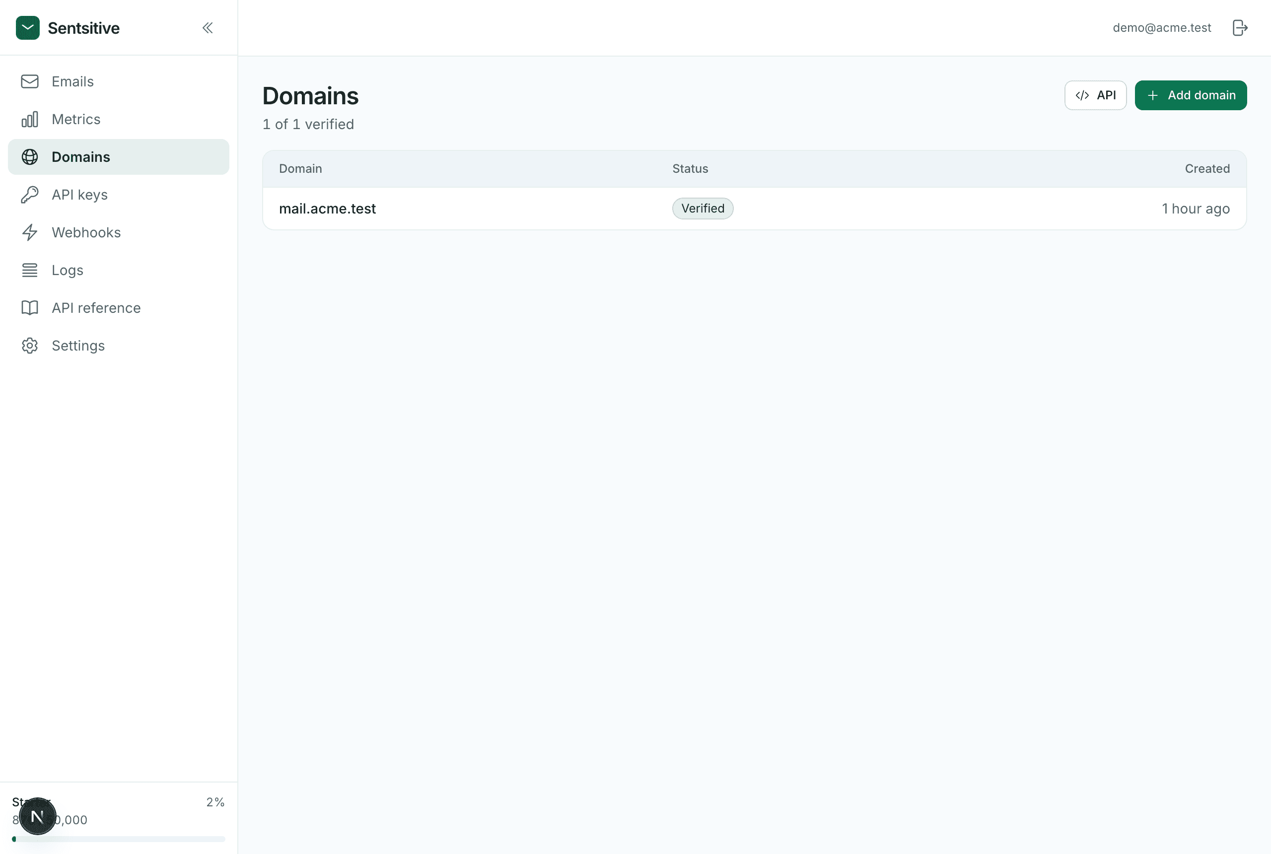 The domains list with a verified domain