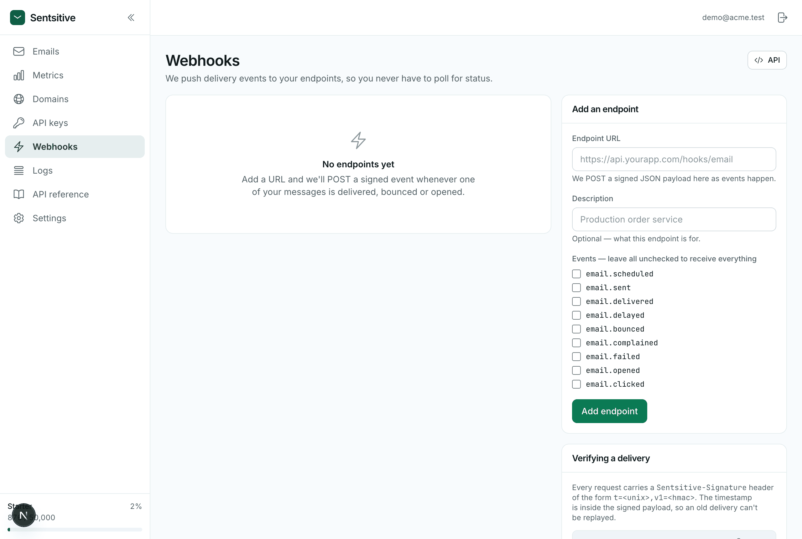 The Webhooks page