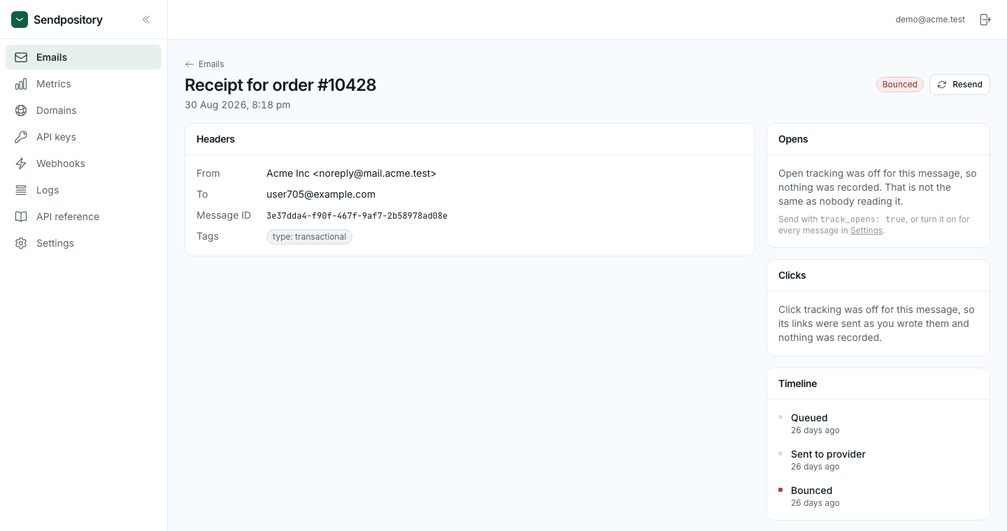 Sendpository email detail page showing a message's timeline: Queued, Sent to provider, Bounced